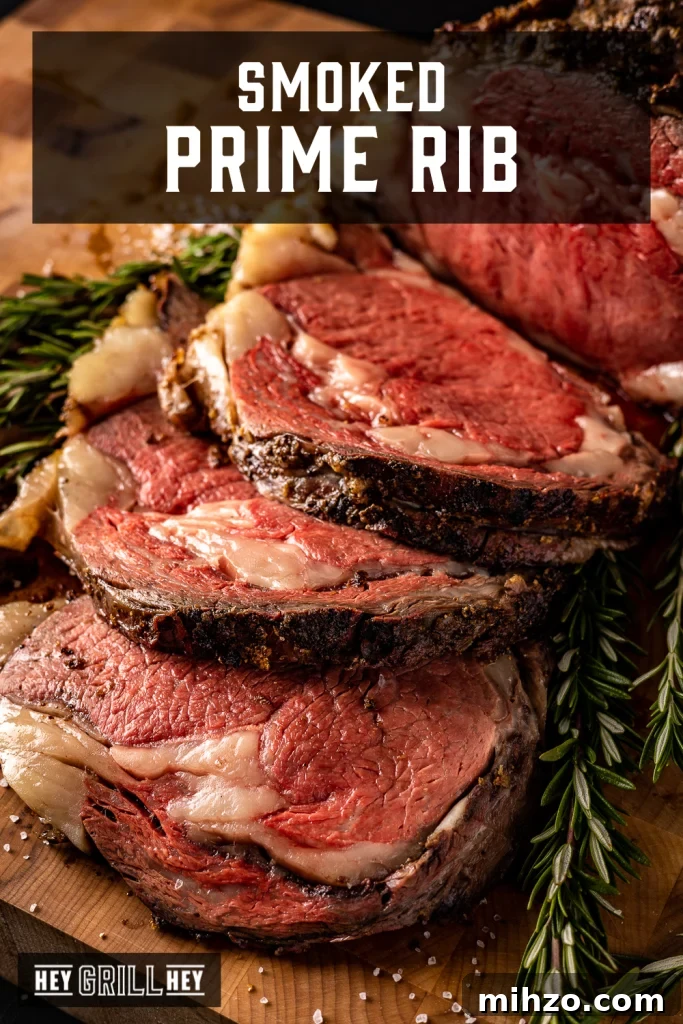 Smoked Prime Rib Roast Recipe for Tender, Juicy Results 2 Sliced prime rib roast on a bed of fresh herbs with text overlay - Smoked Prime Rib.