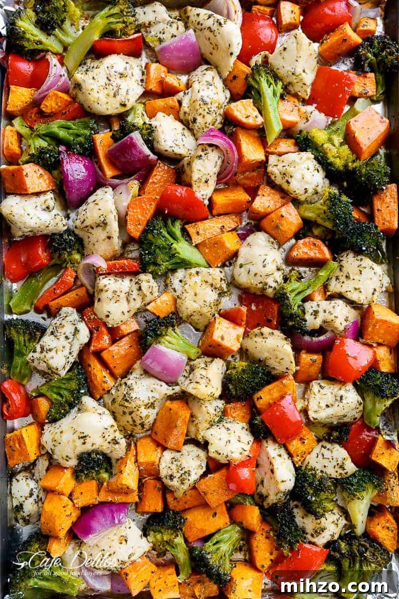 Roasted Chicken with Maple-Glazed Sweet Potatoes 2 Top view image of Garlic Herb Chicken & Sweet Potato Sheet Pan Meal
