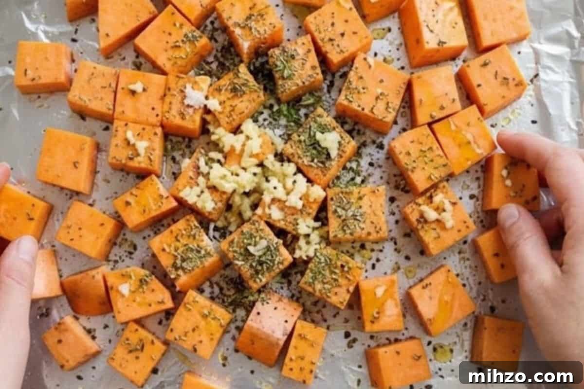 Roasted Chicken with Maple-Glazed Sweet Potatoes 5 Spread the sweet potatoes on the tray and toss with 1 tablespoon oil, garlic, herbs, salt, and pepper.