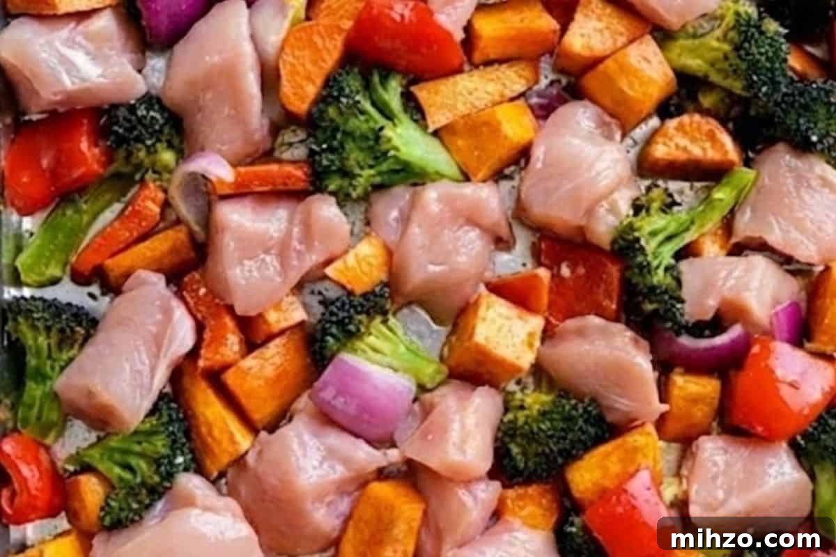 Roasted Chicken with Maple-Glazed Sweet Potatoes 7 Remove the tray and arrange the chicken, broccoli, pepper, and onion around the sweet potatoes.