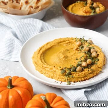 Pumpkin hummus on white plate with chick peas.