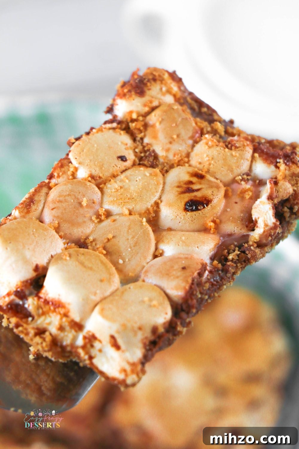 S'mores Bars Recipe: Gooey Chocolate and Graham Cracker Squares 3 Close up image of a smores bar with chocolate