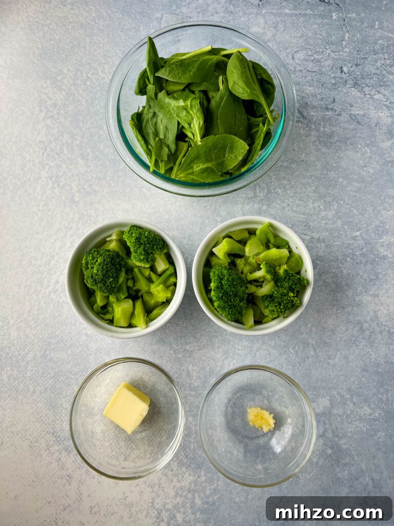 Lemon Garlic Chicken Pasta with Creamy Parmesan Sauce 11 fresh spinach, steamed broccoli, butter, and garlic in separate bowls