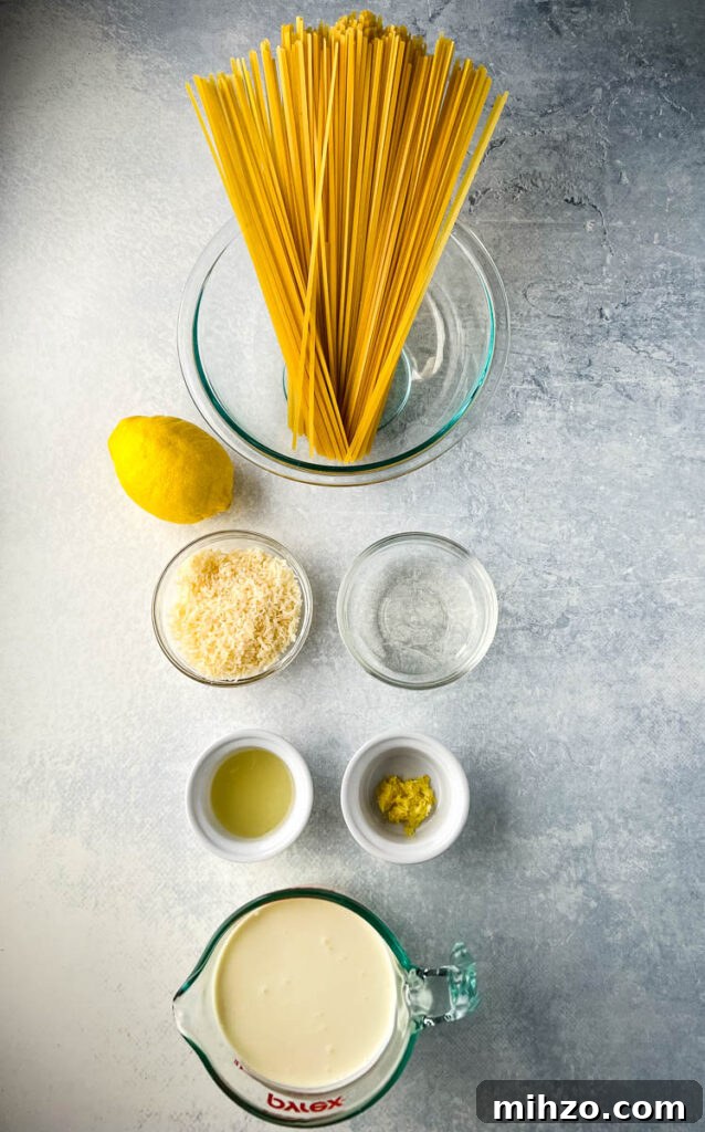 Lemon Garlic Chicken Pasta with Creamy Parmesan Sauce 3 fettuccine, fresh lemon, white wine, heavy cream, and Parmesan in separate bowls