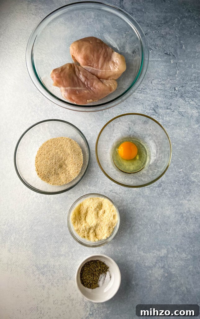 Lemon Garlic Chicken Pasta with Creamy Parmesan Sauce 5 raw chicken breasts, breadcrumbs, eggs, parmesan cheese, and Italian seasoning in separate bowls
