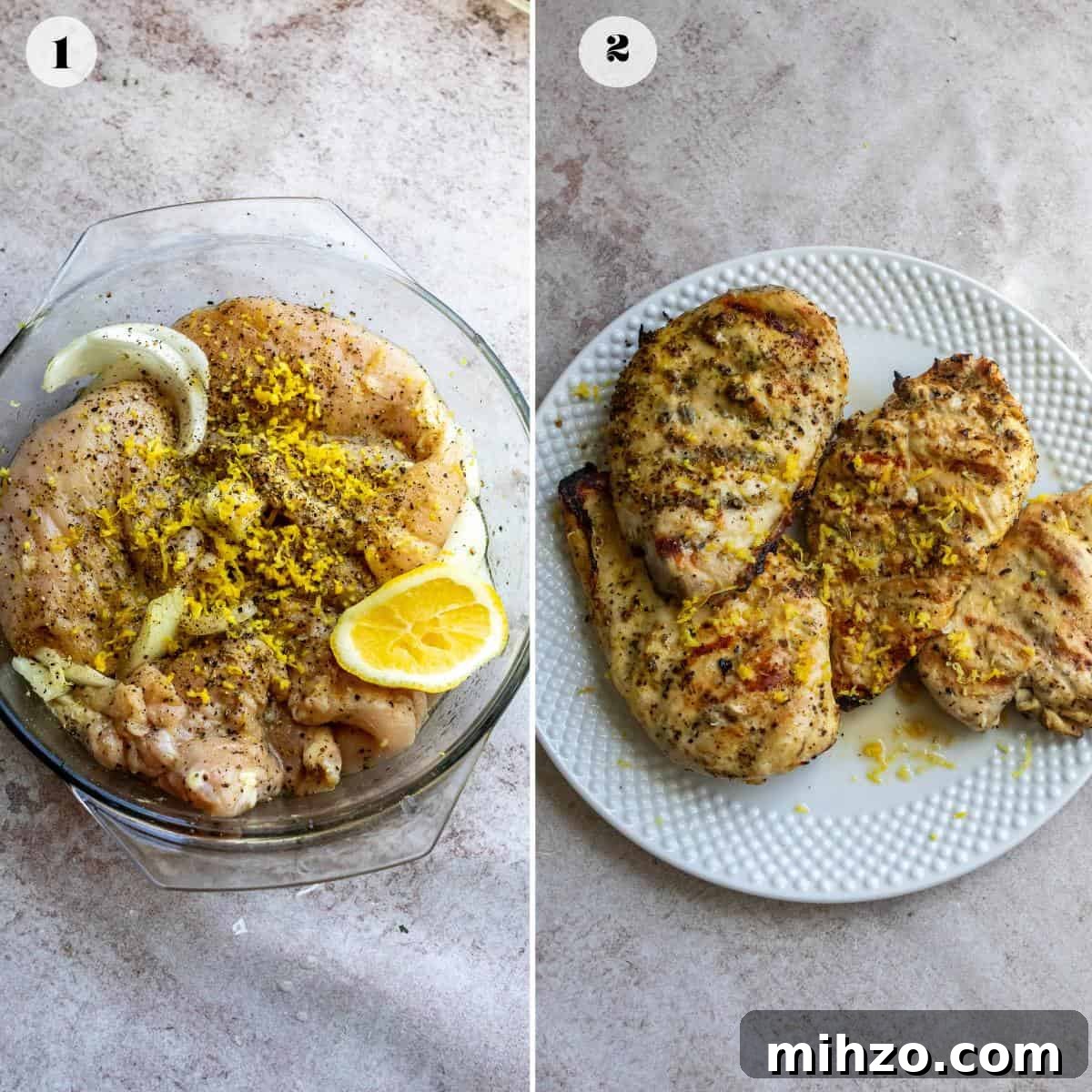 Steps showing how to make this recipe in a glass bowl and on a white plate.