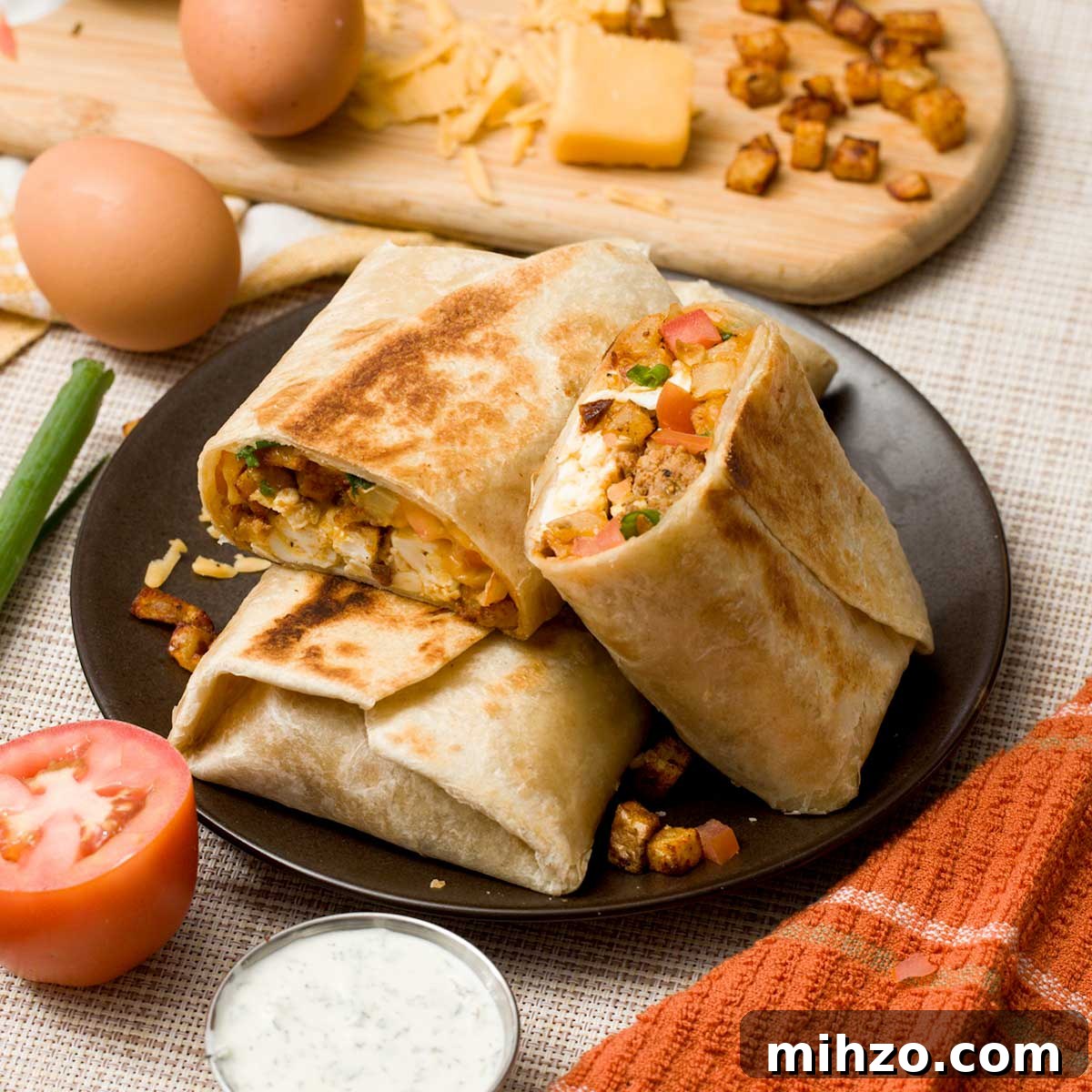 High-Protein Breakfast Burrito with Crispy Potato Filling 2 A stack of high protein breakfast burritos with crispy potatoes, ground turkey sausage, and cheese.