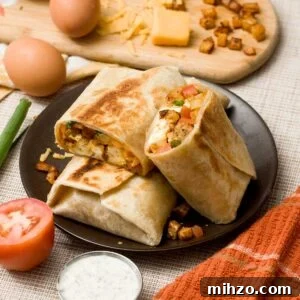 High-Protein Breakfast Burrito with Crispy Potato Filling 14 A stack of high protein breakfast burritos with crispy potatoes, ground turkey sausage, and cheese.