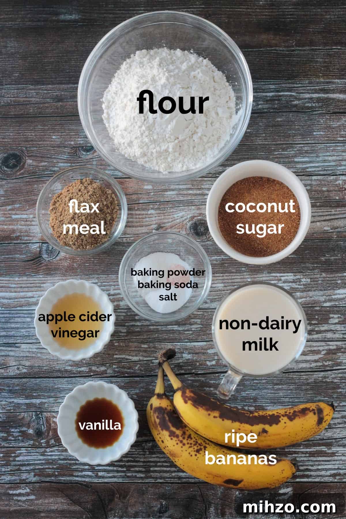 Recipe ingredients arrayed in individual bowls.