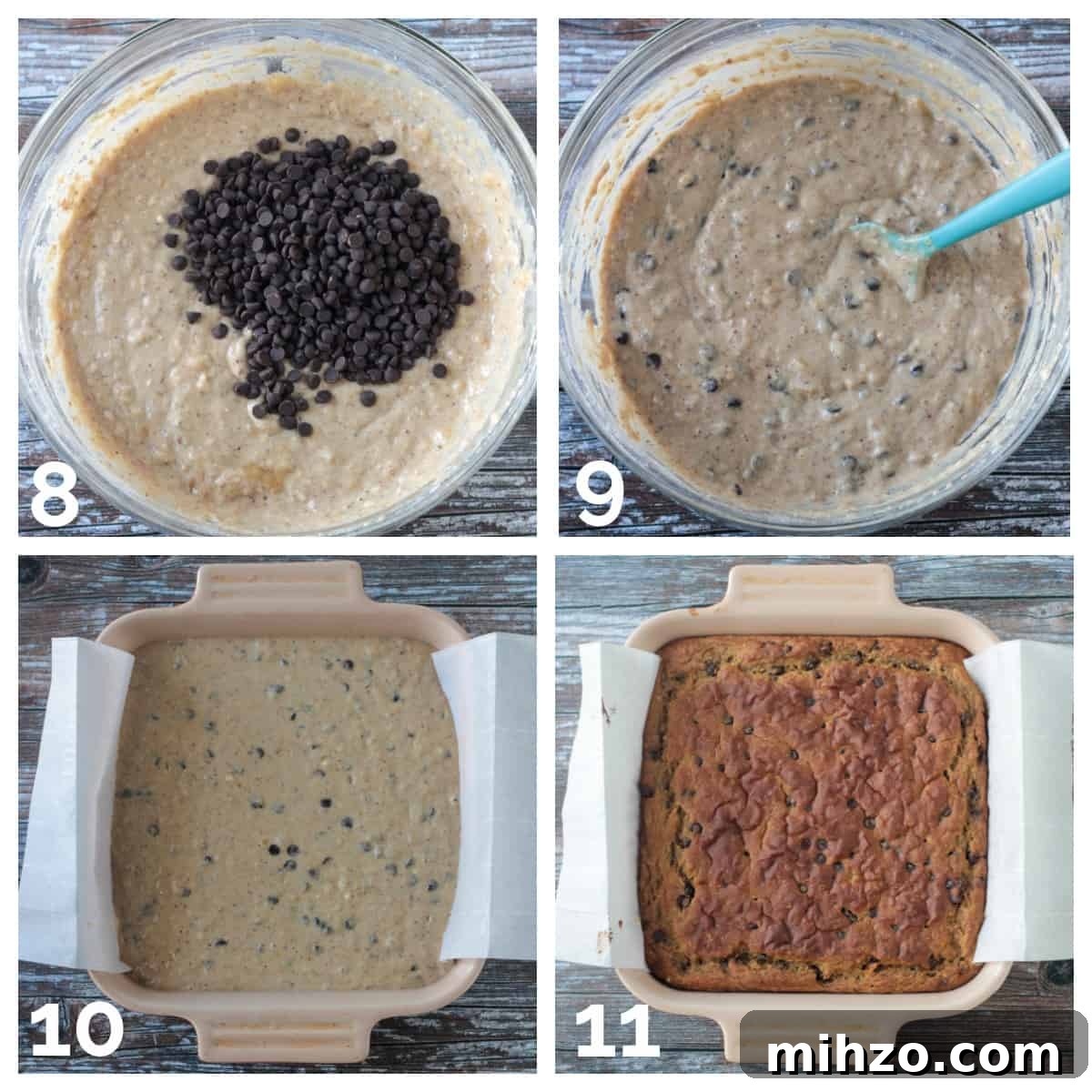4 photo collage of adding chocolate chips to the batter and baking it in pan.