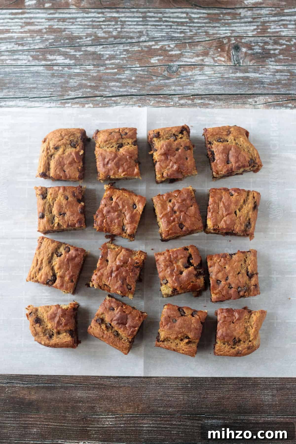 Pieces of cake lined up in a large square on a piece of parchment paper.