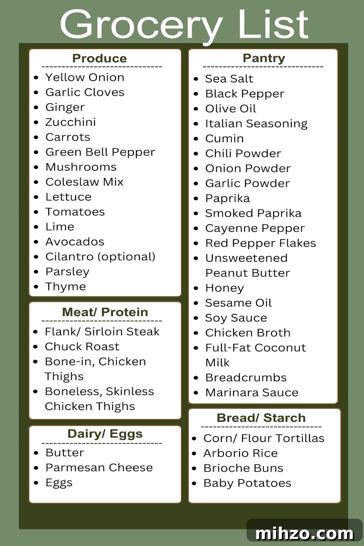 Weekly Meal Plan: April 6–12, 2025 with Recipes and Prep Tips 3 Weekly grocery list organized by category for easy weeknight dinners, including produce, protein, pantry items, and starches.