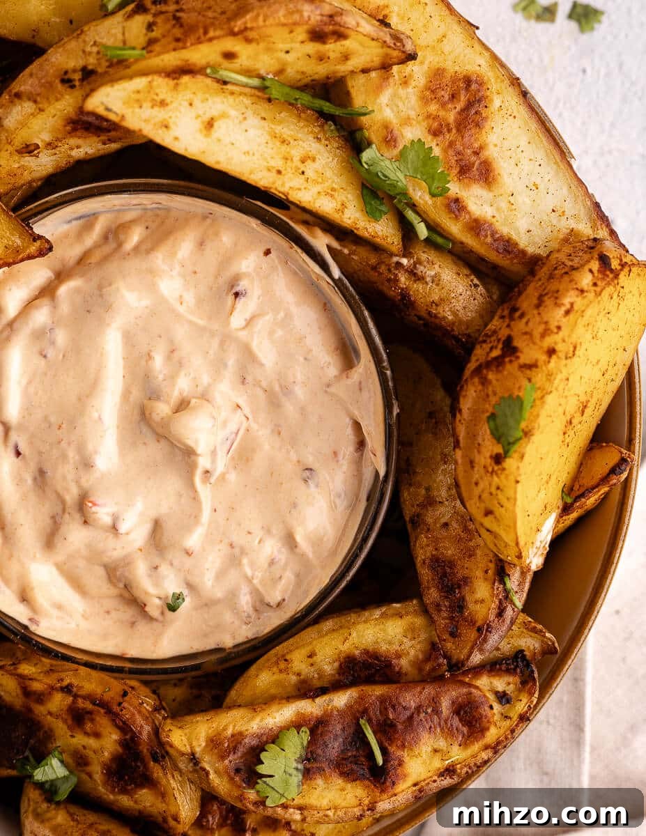Crispy Oven-Baked Potato Wedges with Smoky Chipotle Sauce 2 oven baked potato wedges surrounding a bowl of chipotle sauce.