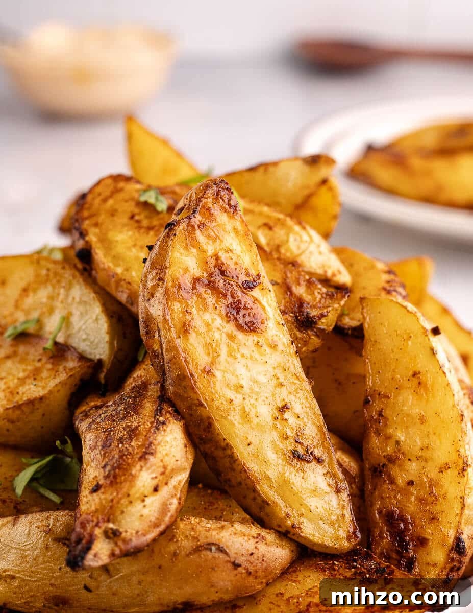 Crispy Oven-Baked Potato Wedges with Smoky Chipotle Sauce 16 close up shot of oven baked potato wedges.