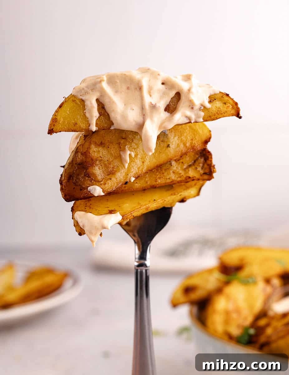 Crispy Oven-Baked Potato Wedges with Smoky Chipotle Sauce 17 potato wedges on a fork with chipotle sauce on top.