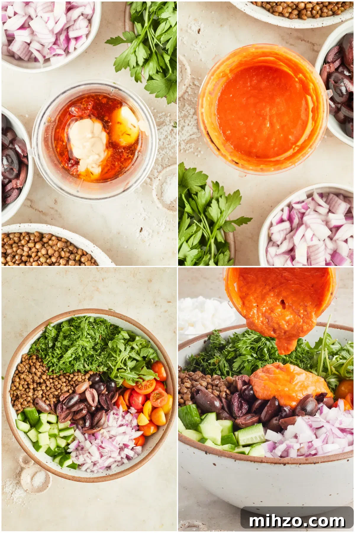 Greek Salad @spabettie #glutenfree #vegan #dairyfree #greeksalad #lentilsalad #dinner #recipe A four image collage showing how to make a Mediterranean lentil salad: combine the ingredients for the sun dried tomato dressing, blend dressing, pour over the bowl of separated salad ingredients, stir to combine.