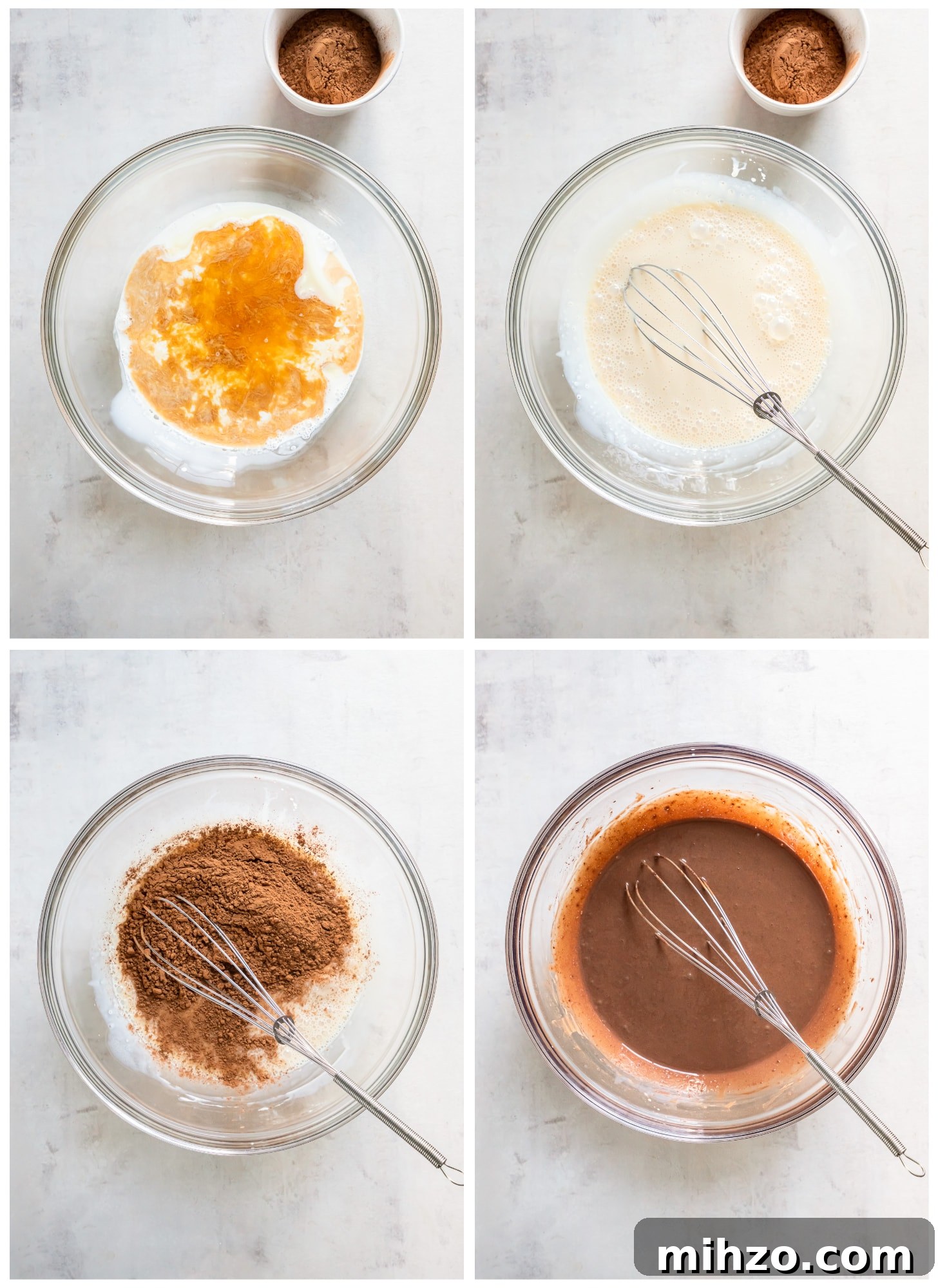 photo collage demonstrating how to whisk ingredients for no churn chocolate ice cream