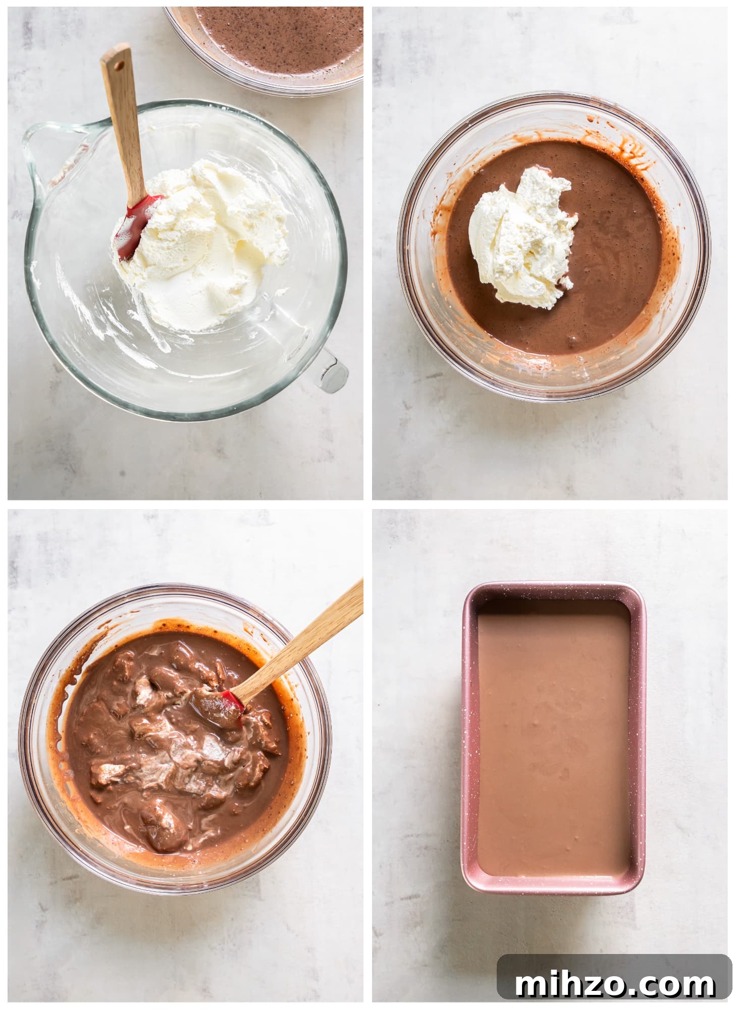 photo collage demonstrating how to add whipped cream to chocolate mixture for no churn chocolate ice cream 