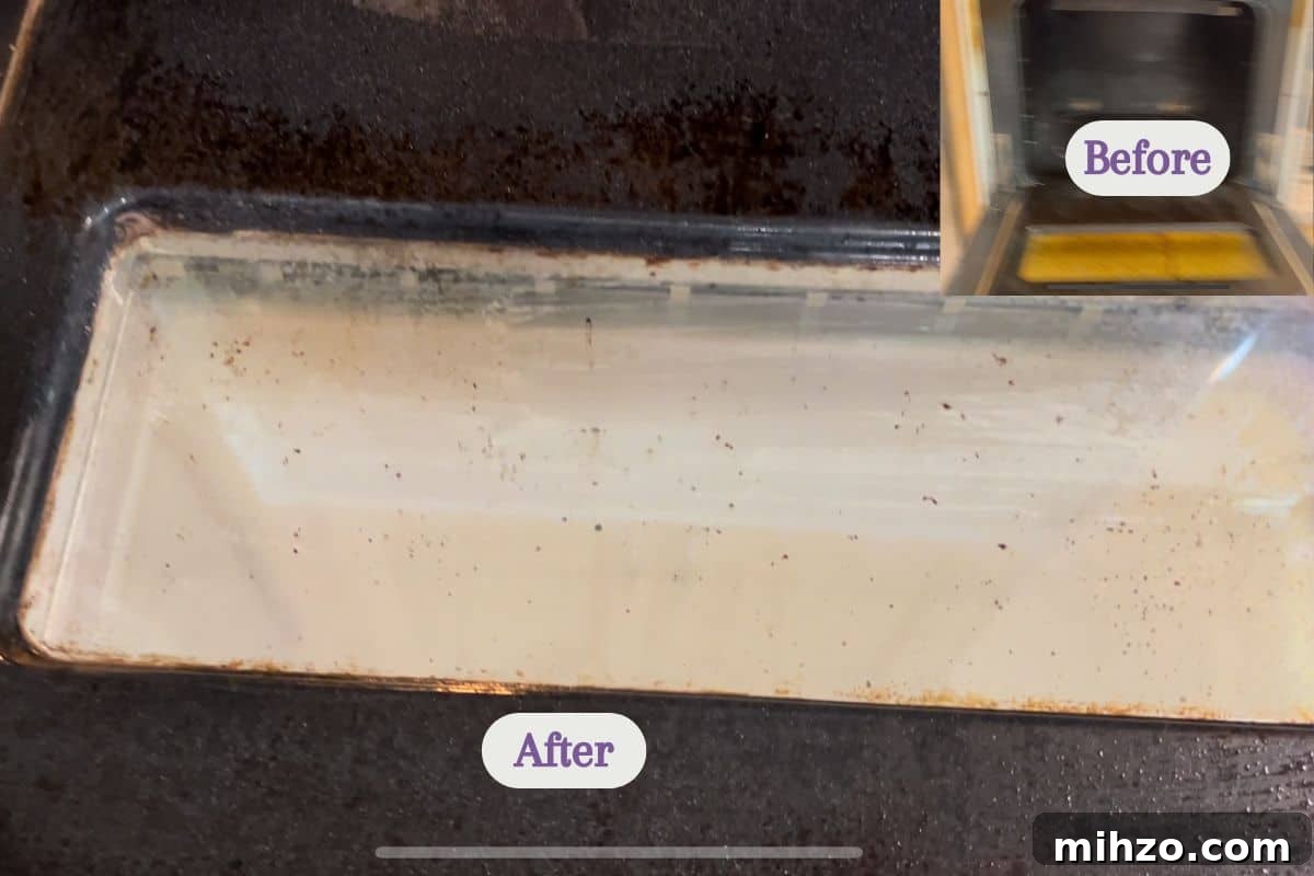 Close-up of an oven door with a clean glass window labeled After, highlighting how effective it is to steam clean your oven. Inset in the top right corner shows a Before image of the same oven door, which is much dirtier.