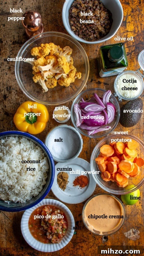 Protein-Packed Vegetarian Black Bean Burrito Bowl Recipe 4 All the ingredients to make a burrito bowl including rice and black beans and more