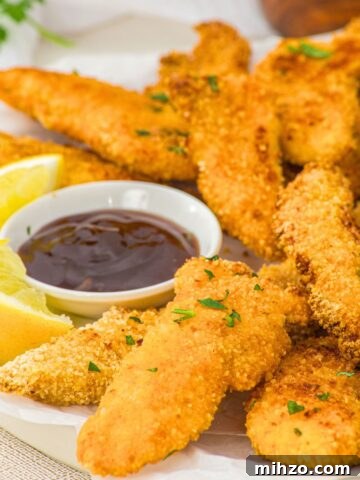 A plate of baked chicken tenders and bbq sauce.