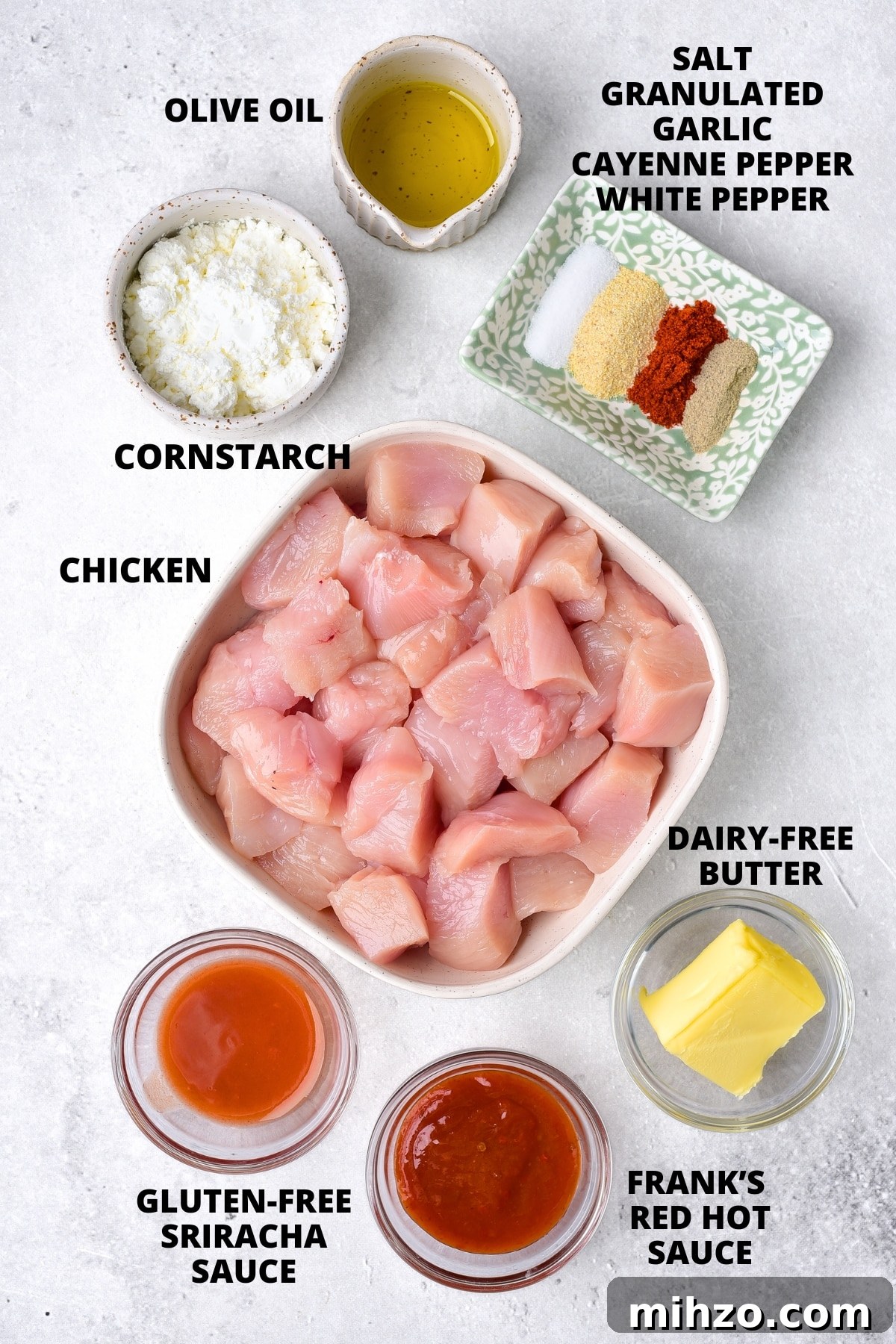 Air Fryer Buffalo Chicken Bites Recipe (Gluten-Free, Dairy-Free) Ingredients for air fryer buffalo chicken bites recipe.