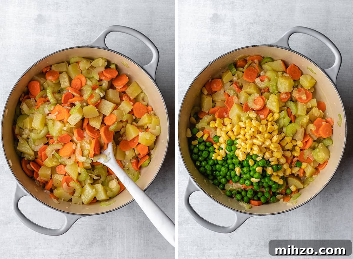 Hearty Vegetable Pot Pie Recipe with Flaky Crust 11 two photos showing how to make the filling for this vegetable pot pie recipe - adding peas and corn