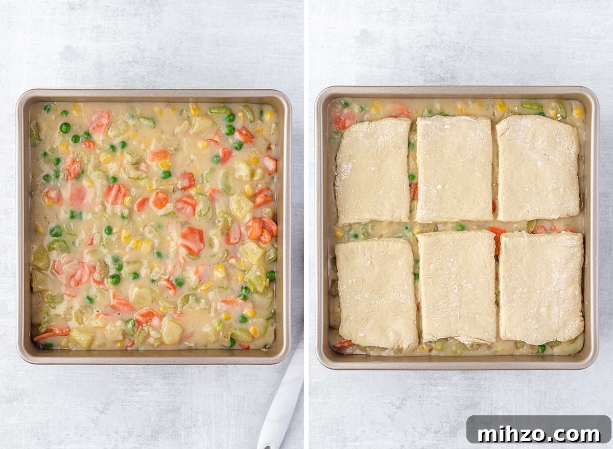 Hearty Vegetable Pot Pie Recipe with Flaky Crust 12 two photos showing how to assemble this vegetable pot pie