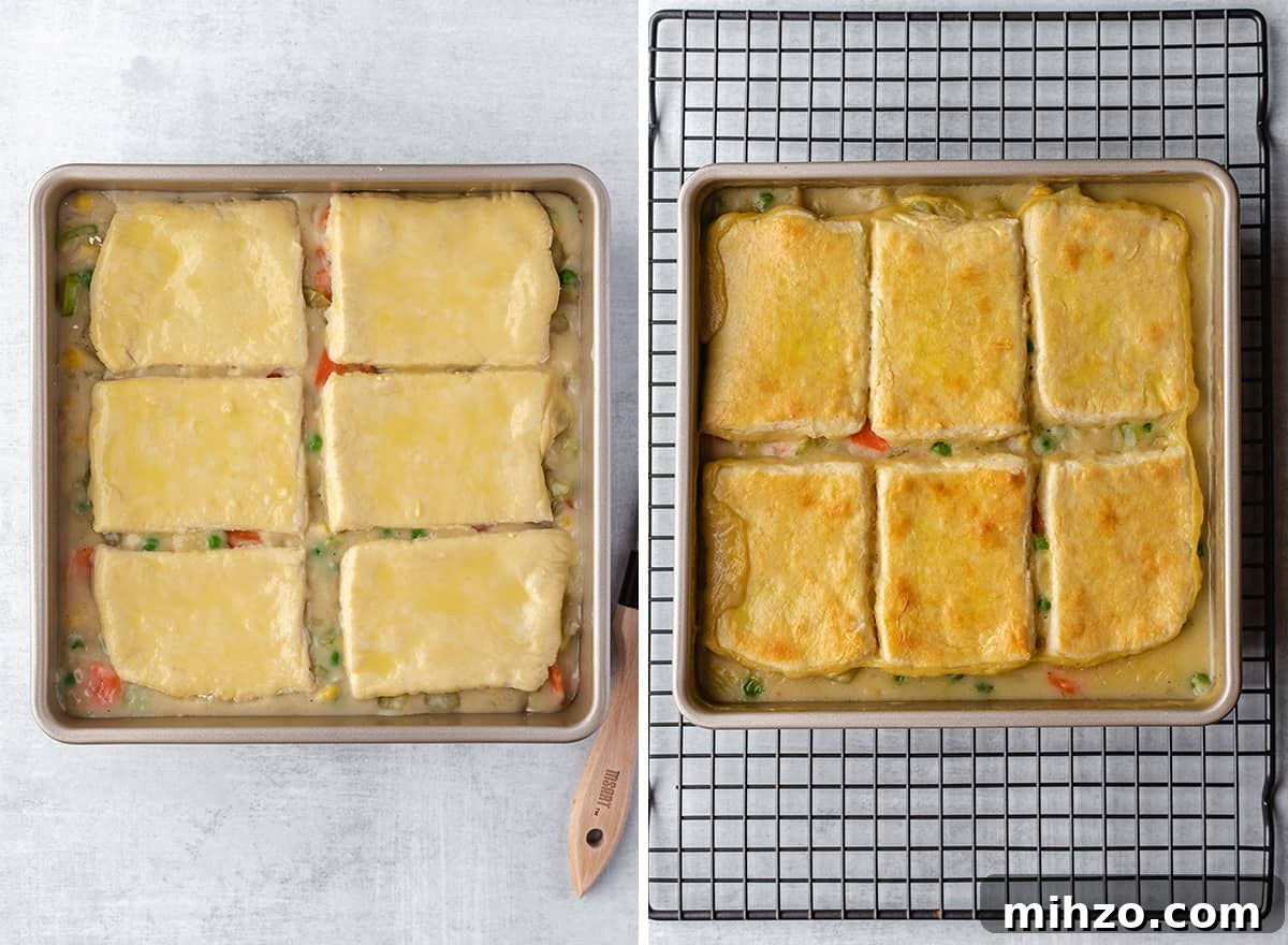 Hearty Vegetable Pot Pie Recipe with Flaky Crust 14 two photos showing this veggie pot pie before and after baking