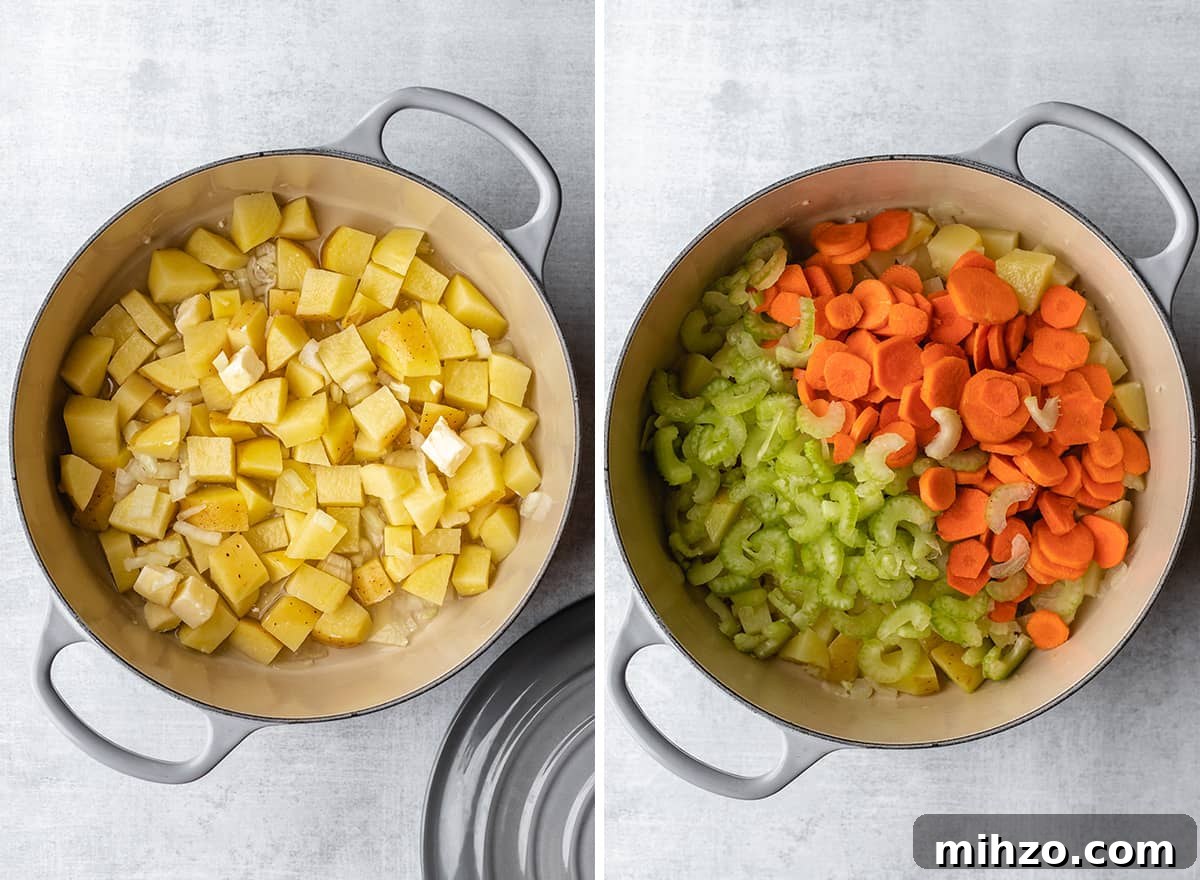 Hearty Vegetable Pot Pie Recipe with Flaky Crust 10 two photos showing how to make the filling for this vegetable pot pie recipe - cooking the potatoes and adding carrots & celery