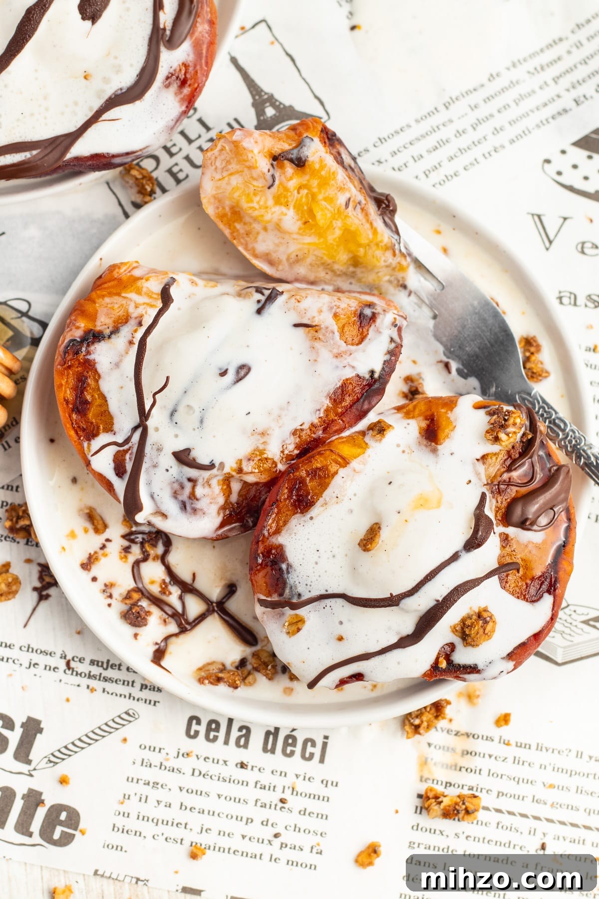Crispy Air Fryer Peaches with Honey-Brown Sugar Glaze 7 Picture of air fryer peaches showing a piece of peach.