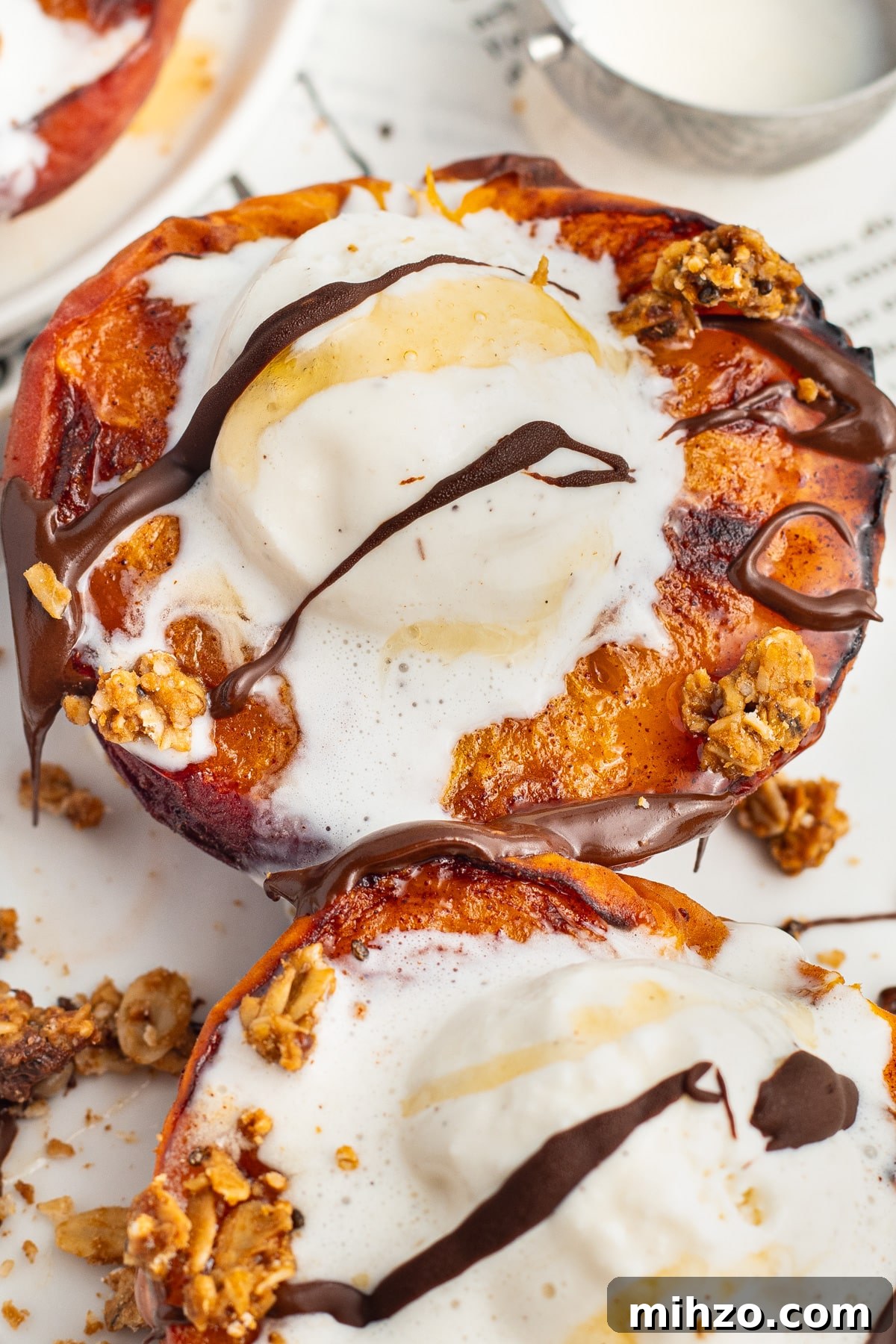 Crispy Air Fryer Peaches with Honey-Brown Sugar Glaze 8 Close-up picture of an air fryer peach.