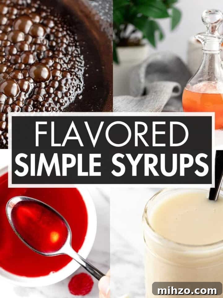 A collage of simple syrup recipes with the text overlay: “Flavored Simple Syrups”.