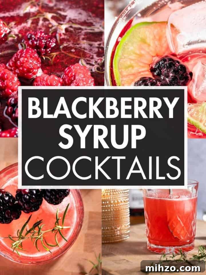 A collage of blackberry cocktails with the text overlay: “Blackberry Syrup Cocktails”.