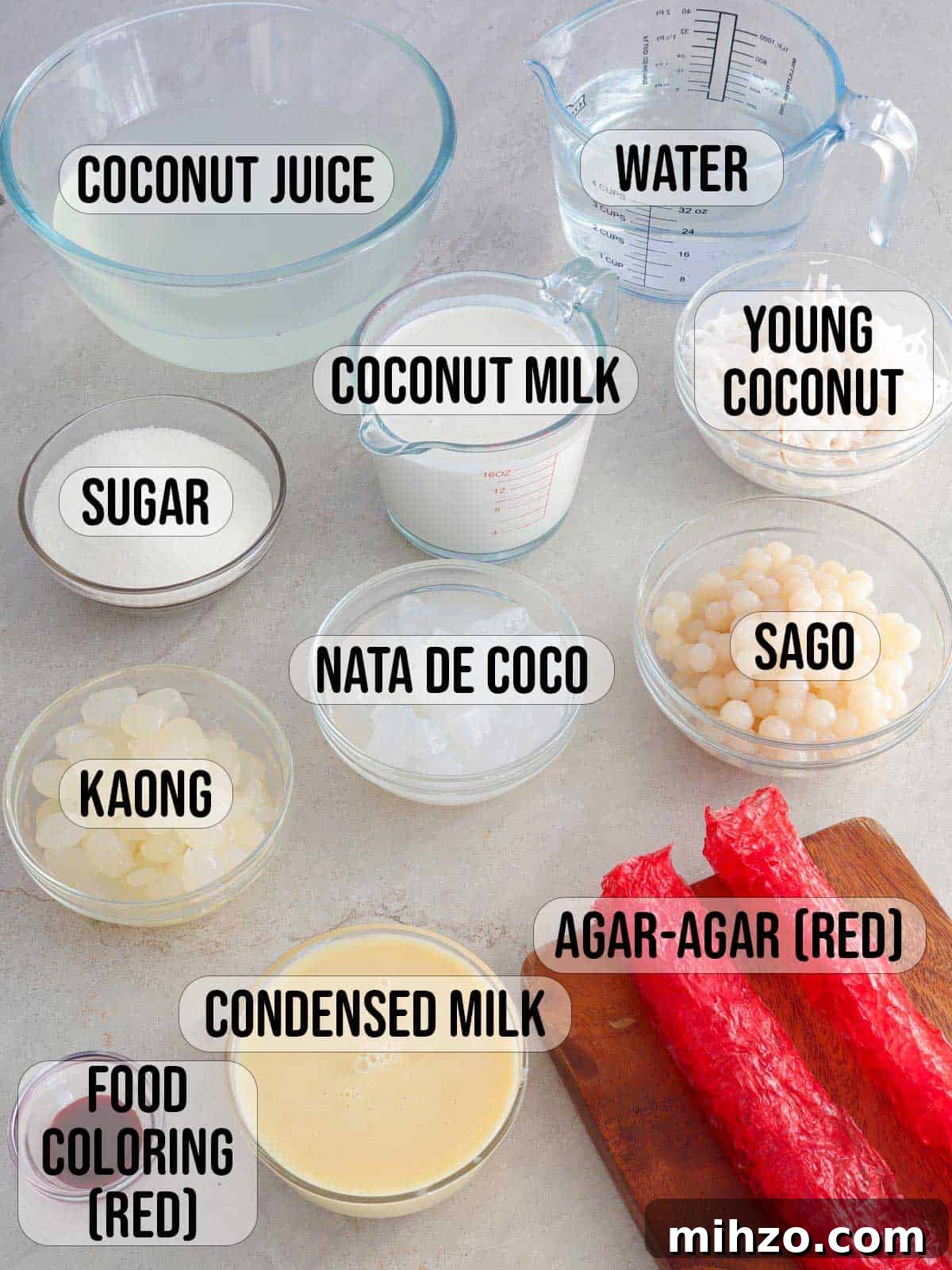 Buko Salad Drink Recipe: Refreshing Filipino Coconut Cooler 3 coconut juice, coconut milk, condensed milk, agar-agar bars, sugar, kaong, nata de coco, buko, food coloring, sago in bowls.