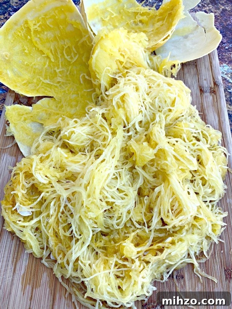 spaghetti squash strands on a cutting board