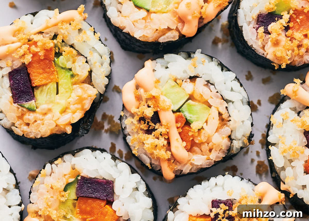 Quick Sriracha Aioli Recipe with 3 Ingredients 11 Veggie sushi rolls with sriracha mayo from the Evergreen Kitchen cookbook.