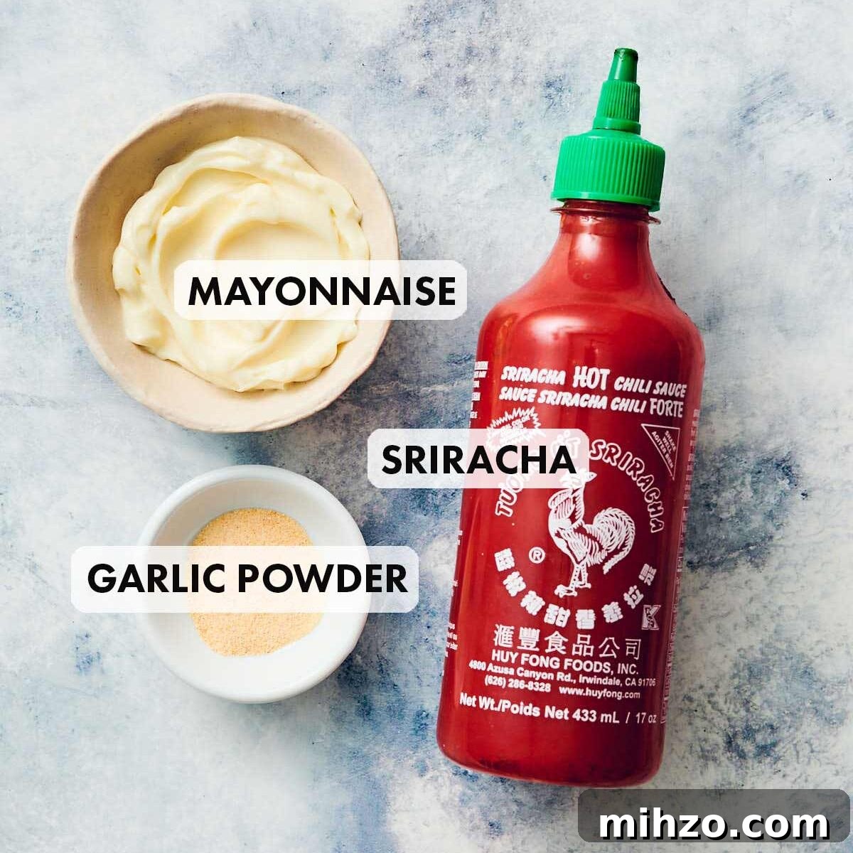 Quick Sriracha Aioli Recipe with 3 Ingredients 4 Ingredients to make easy Sriracha Aioli (Mayo, Garlic Powder, Sriracha).