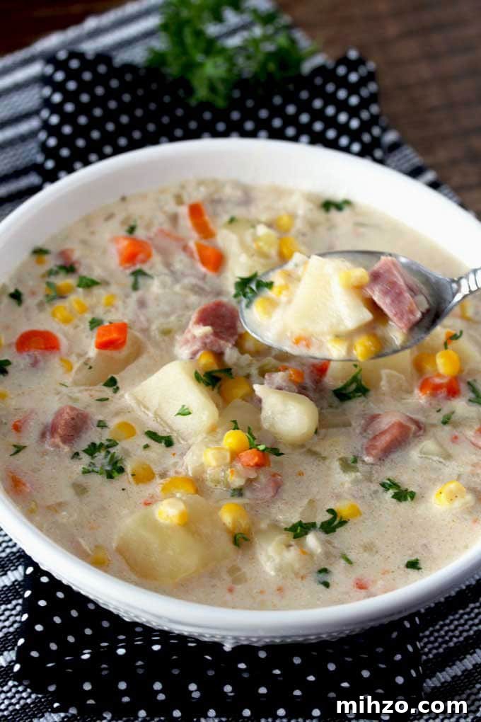 Slow Cooker Creamy Ham and Potato Soup Recipe 2 Pictured here a spoon scooping hearty and creamy potato and ham soup from a soup bowl.