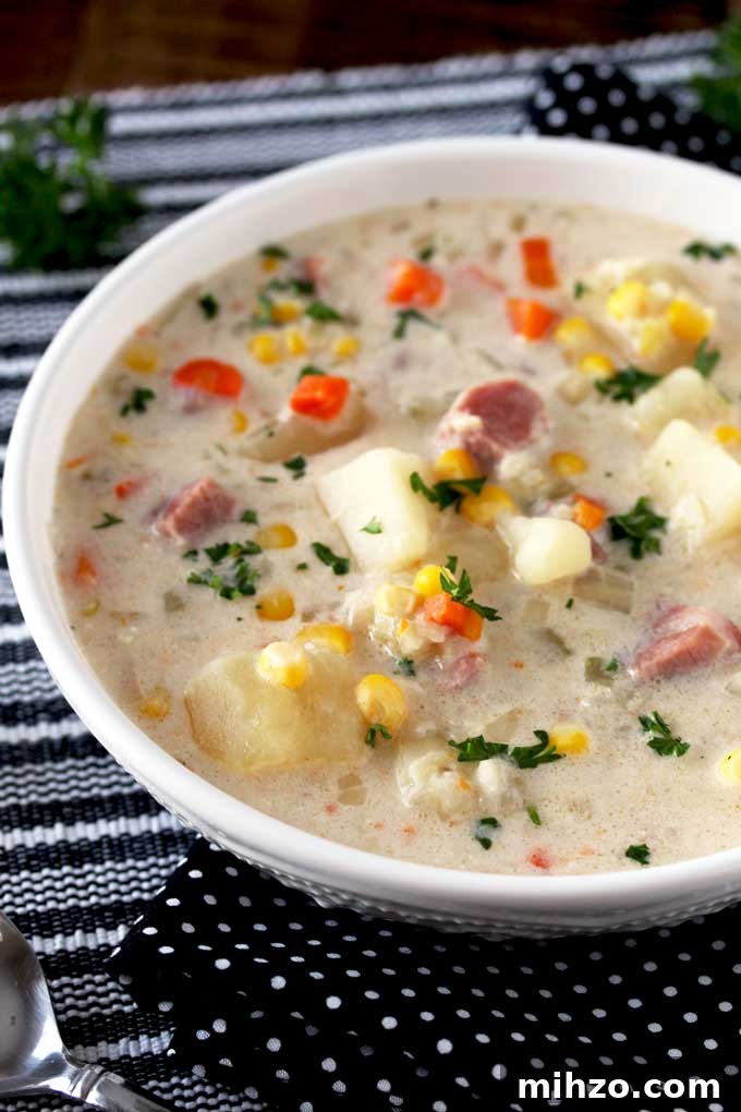 Slow Cooker Creamy Ham and Potato Soup Recipe 5 Pictures a big bowl of creamy slow cooker ham and potato soup with diced ham, potatoes, carrots and corn on a black and white table mat.