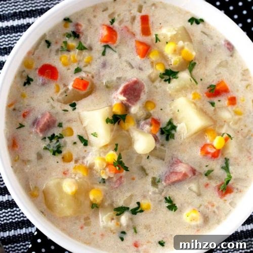 Slow Cooker Creamy Ham and Potato Soup Recipe 13 Top view of a white bowl filled with creamy ham and potato soup with potatoes, corn and carrots and garnished with chopped parsley sitting on a striped black and white table mat.