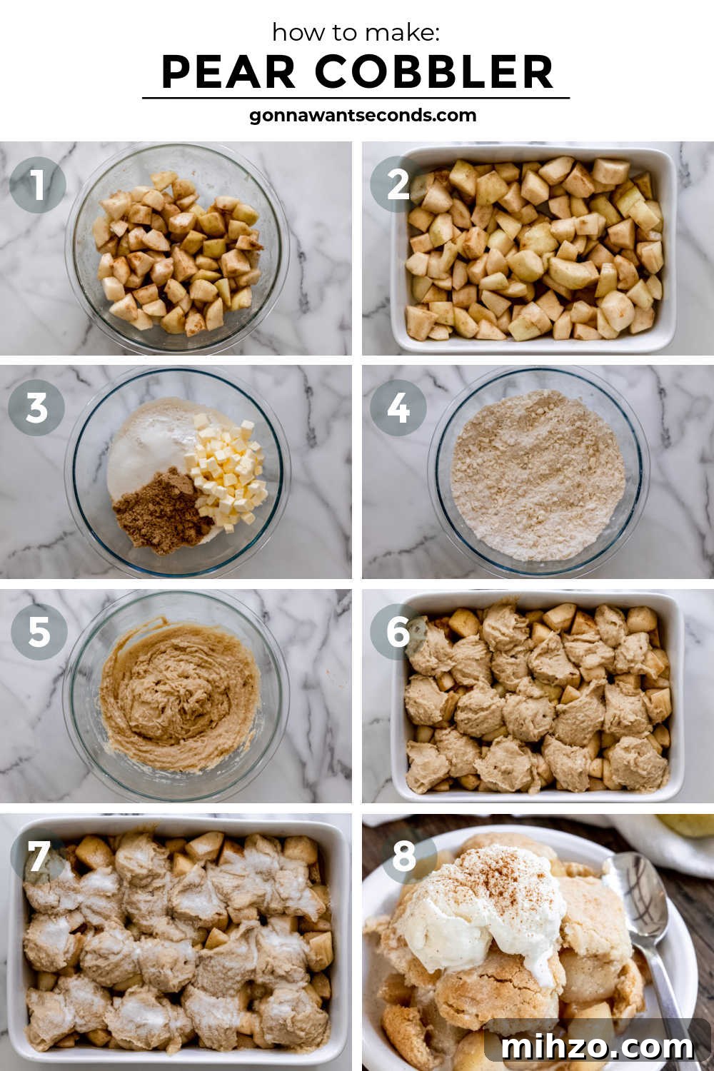 This pear cobbler is a fall twist on one of the most easy going desserts around. Tender pears, golden topping, and a perfect cobbler are all yours. #cobblerrecipes #pearcobbler step by step how to make pear cobbler