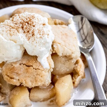 Rustic Pear Cobbler Recipe with Cinnamon and Brown Sugar 2 pear cobbler with vanilla ice cream on top