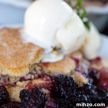 Rustic Pear Cobbler Recipe with Cinnamon and Brown Sugar 3 blackberry cobbler with vanilla ice cream on top, on a plate