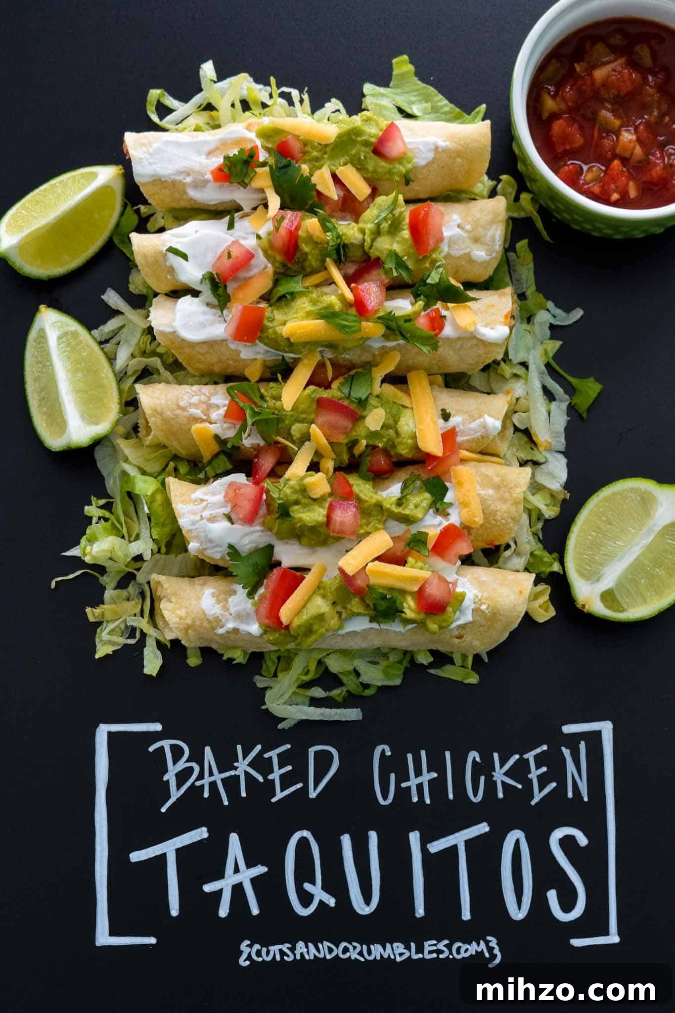 Crispy Baked Chicken Taquitos with Avocado Crema 2 Baked Chicken Taquitos with title written on chalkboard