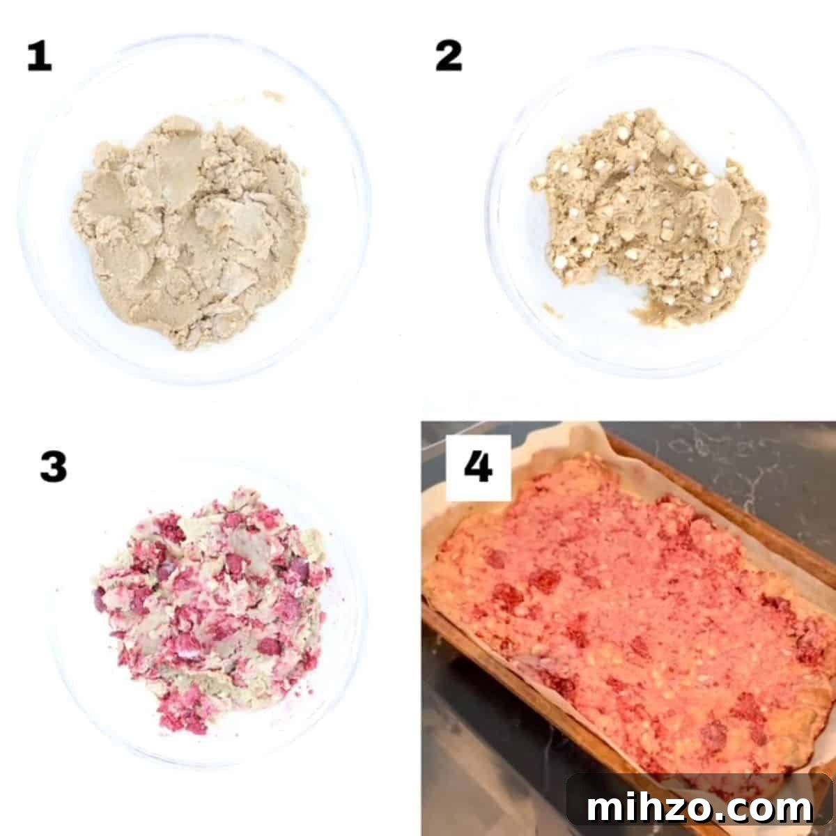 Raspberry White Chocolate Blondies with Raspberry Swirl 4 Four numbered images showing how to make Raspberry and White Chocolate Blondies.