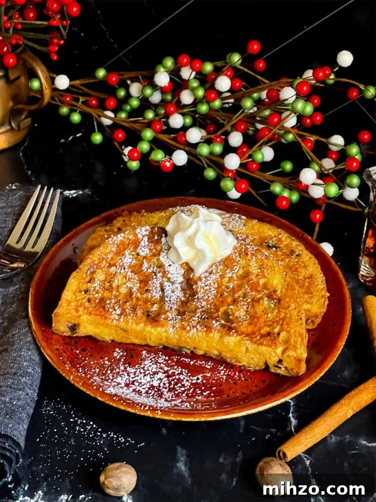 Decadent Panettone French Toast Recipe for Brunch 9 Slices of panettone French toast garnished with powdered sugar, whipped cream, and maple syrup on a dark plate.