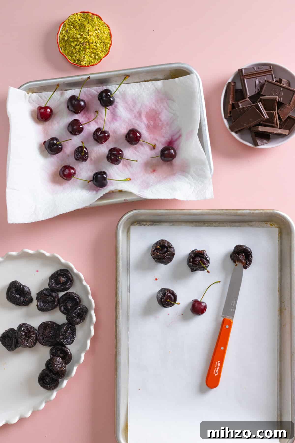 slicing prunes to stuff with cherries