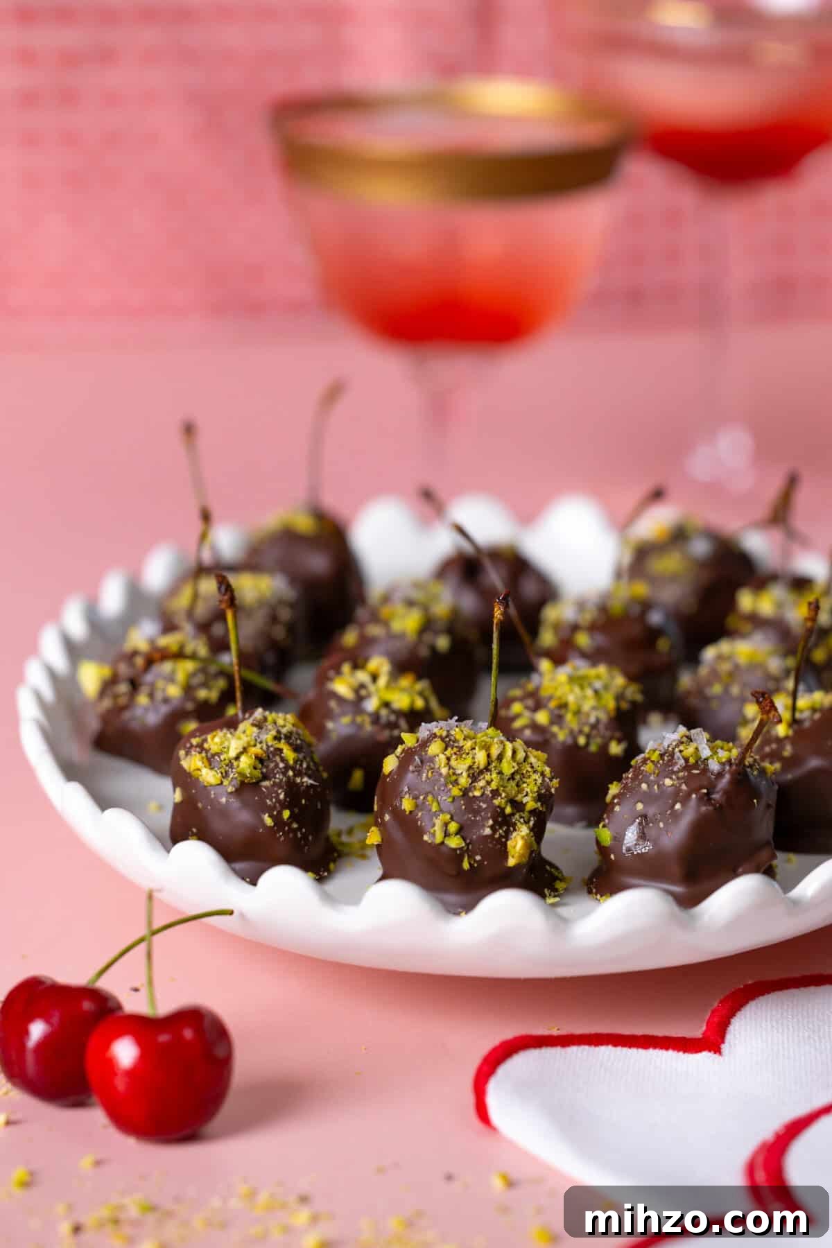 Chocolate Prune Cherry Bombs with cocktails