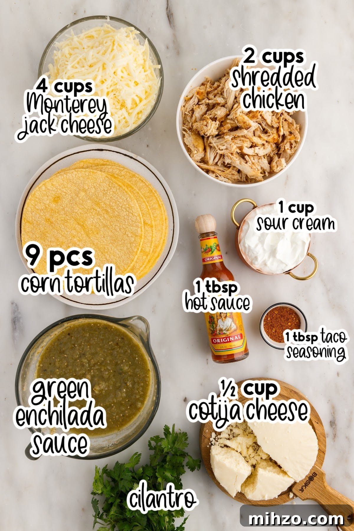 Ingredients needed to make Green Chicken Enchiladas with text overlay.